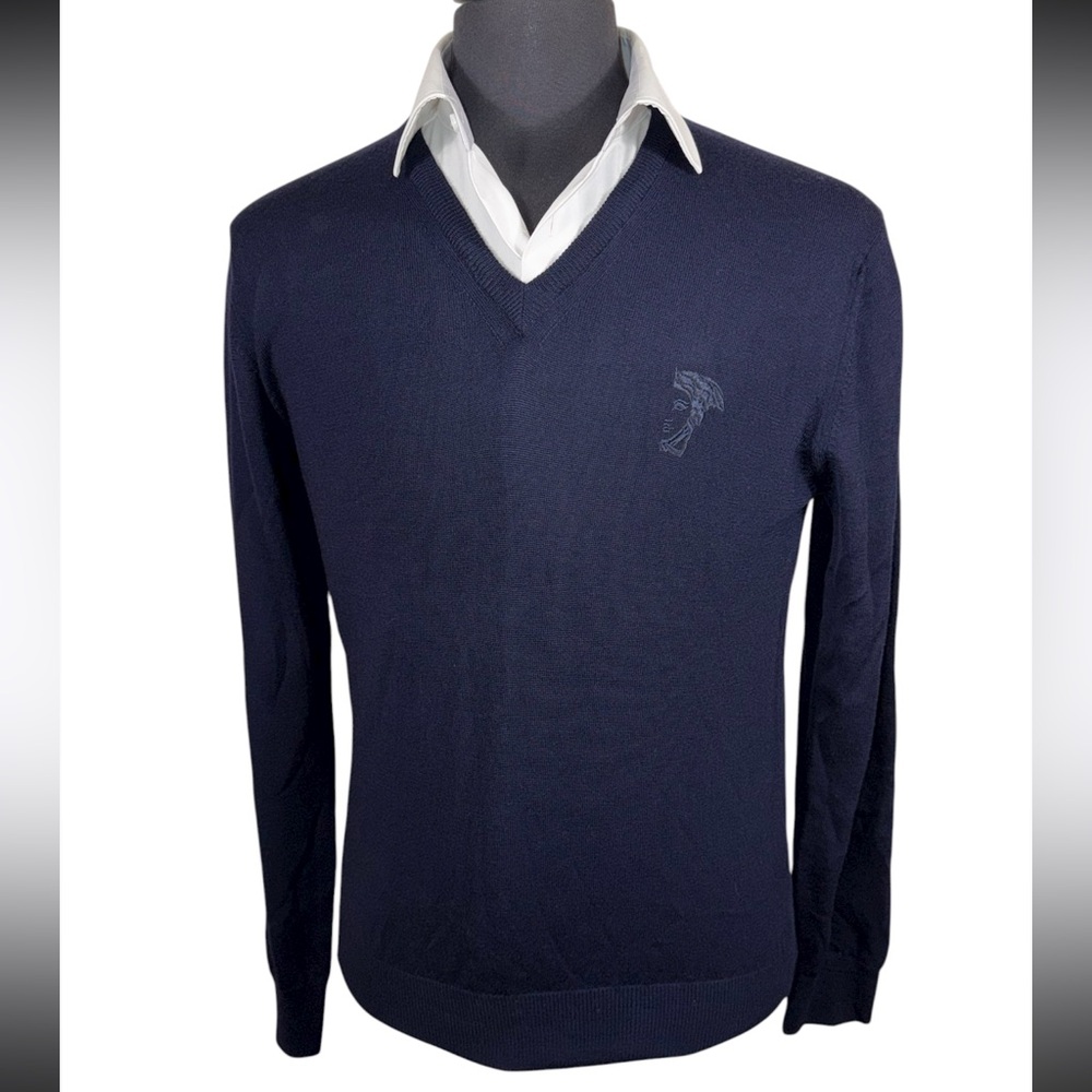 VERSACE COLLECTION NAVY WOOL VNECK MEDUSA SWEATER SZ L